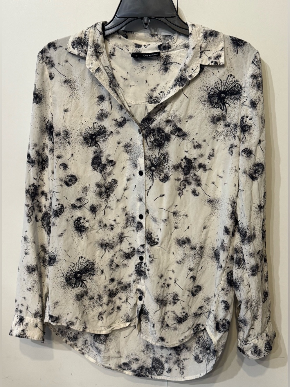 The Kooples Black & White Dandelion Floral Button-Up Silk Long Sleeve Shirt
